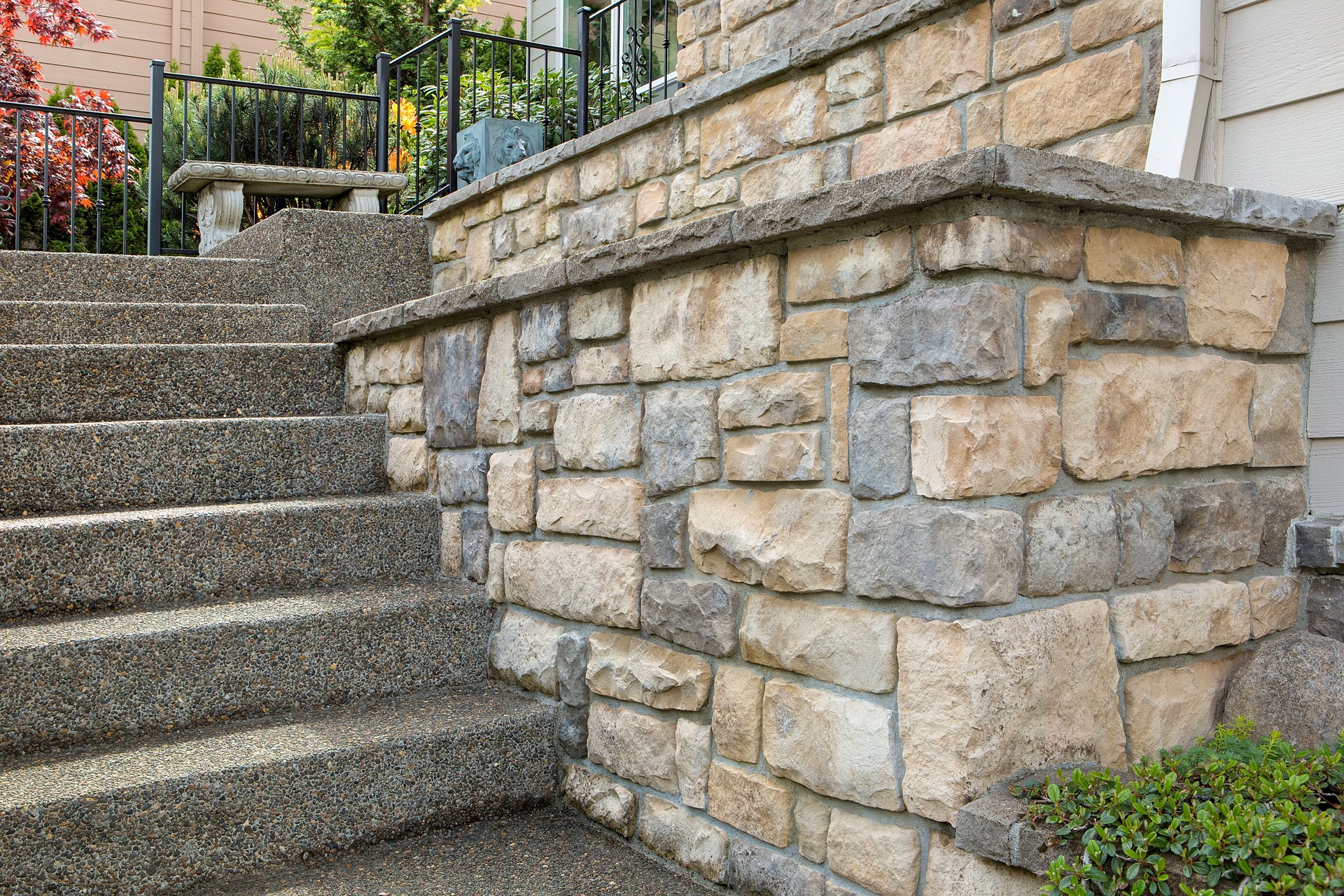 Cultured stone work on front of house in suburban residential neighborhood